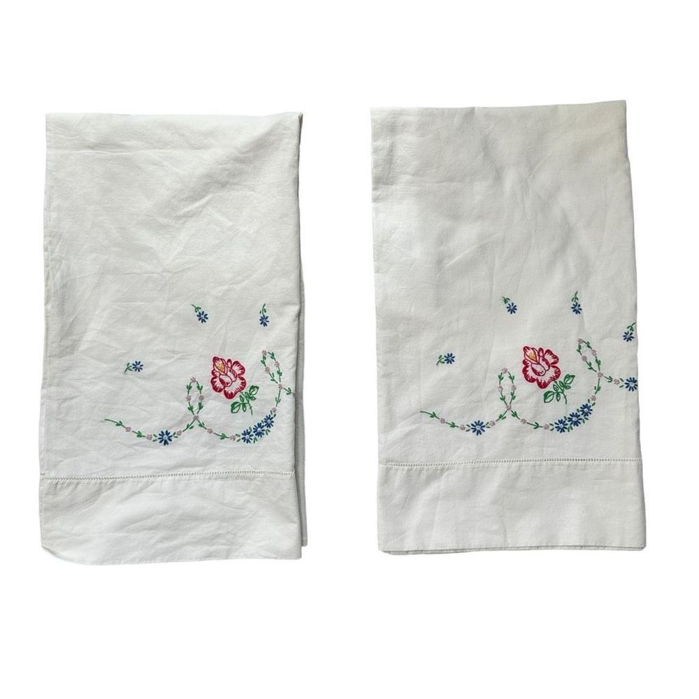 Vintage Pair of Embroidered Floral White Hand Sewn Cotton Pillowcases